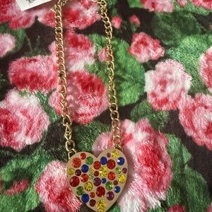 Betsey Johnson Gold Heart Necklace with Multicolor Gems
